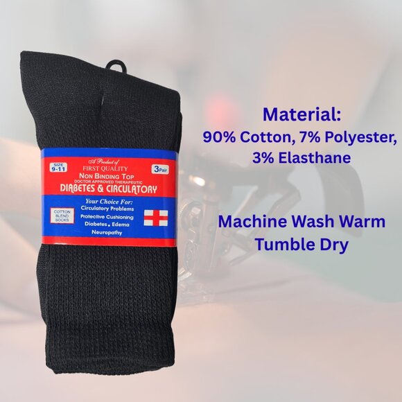 Black Crew Diabetes Diabetic Socks Neuropathy Edema Cotton Size 9-11 New - Picture 5 of 6
